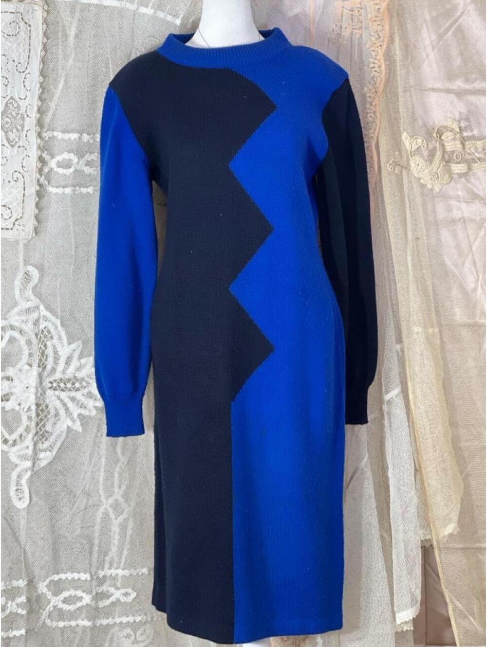 Vintage 1980's Christina Grant Midi Chevron Color Block Sweater Dress